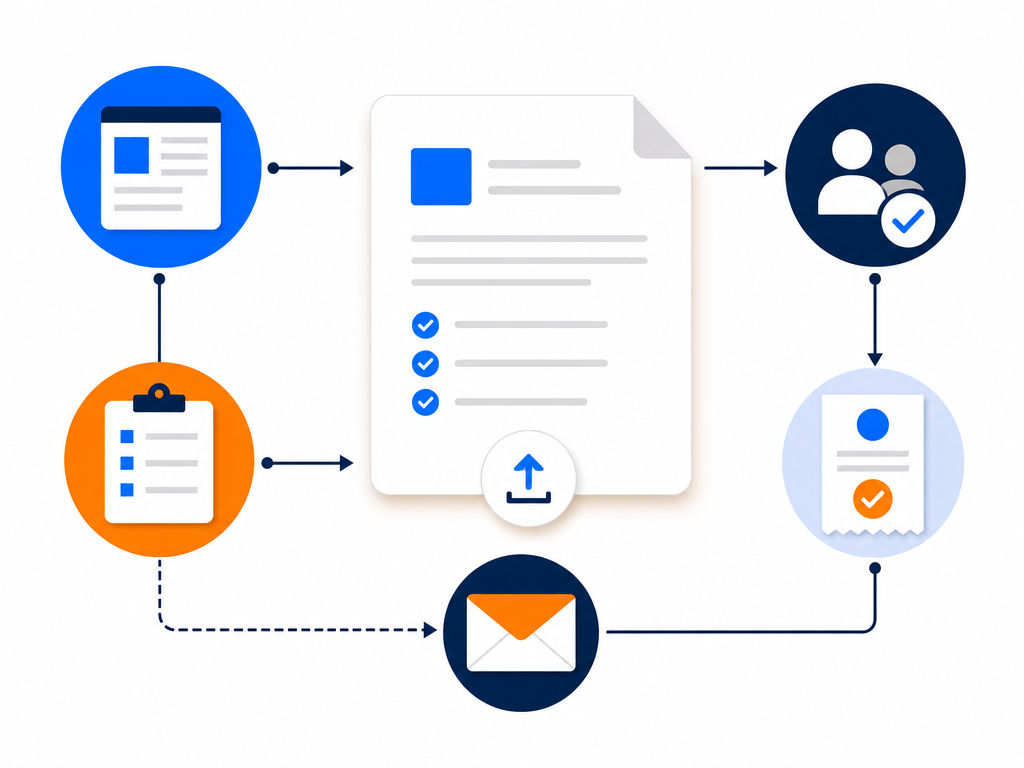 Graphic showing an abstract submission moving through review, payment, and email notification steps