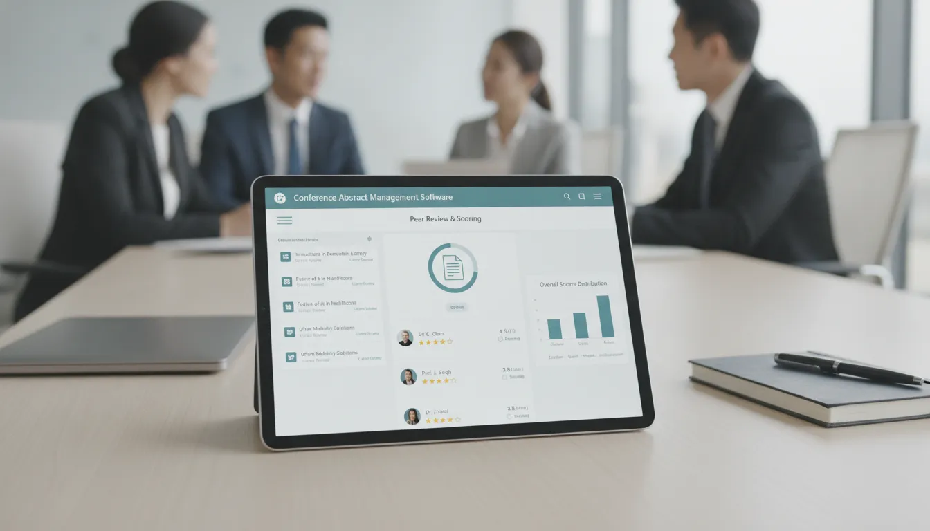 Tablet displaying conference abstract management software with peer review and scoring.