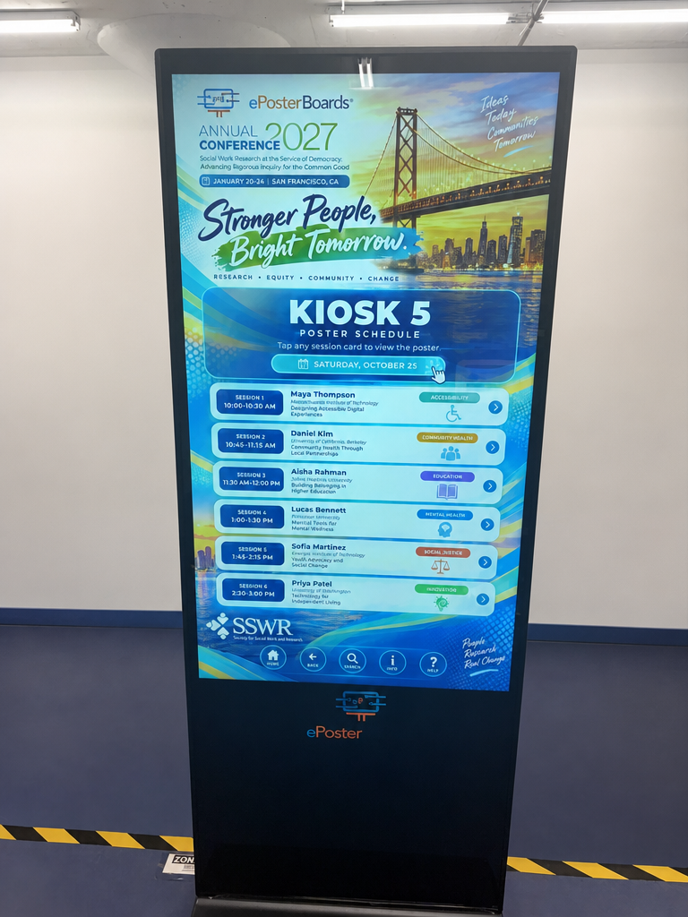 Display touchscreen ePoster kiosk in a conference space