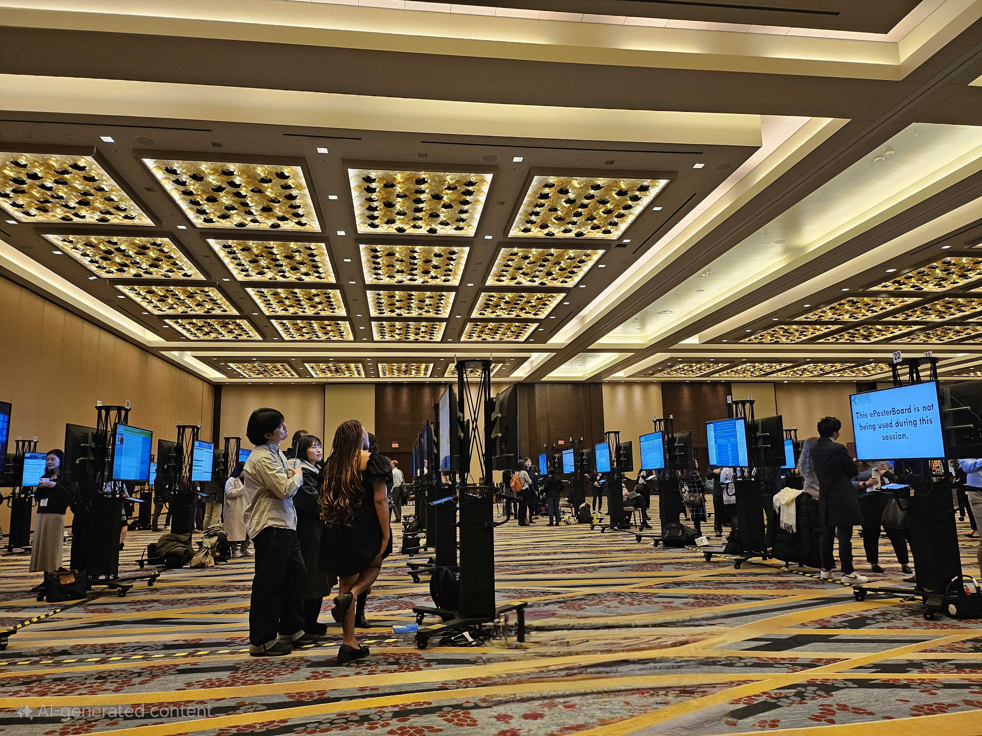 Attendees viewing digital poster boards in a conference hall