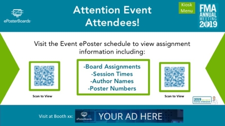 Conference kiosk schedule graphic with QR codes