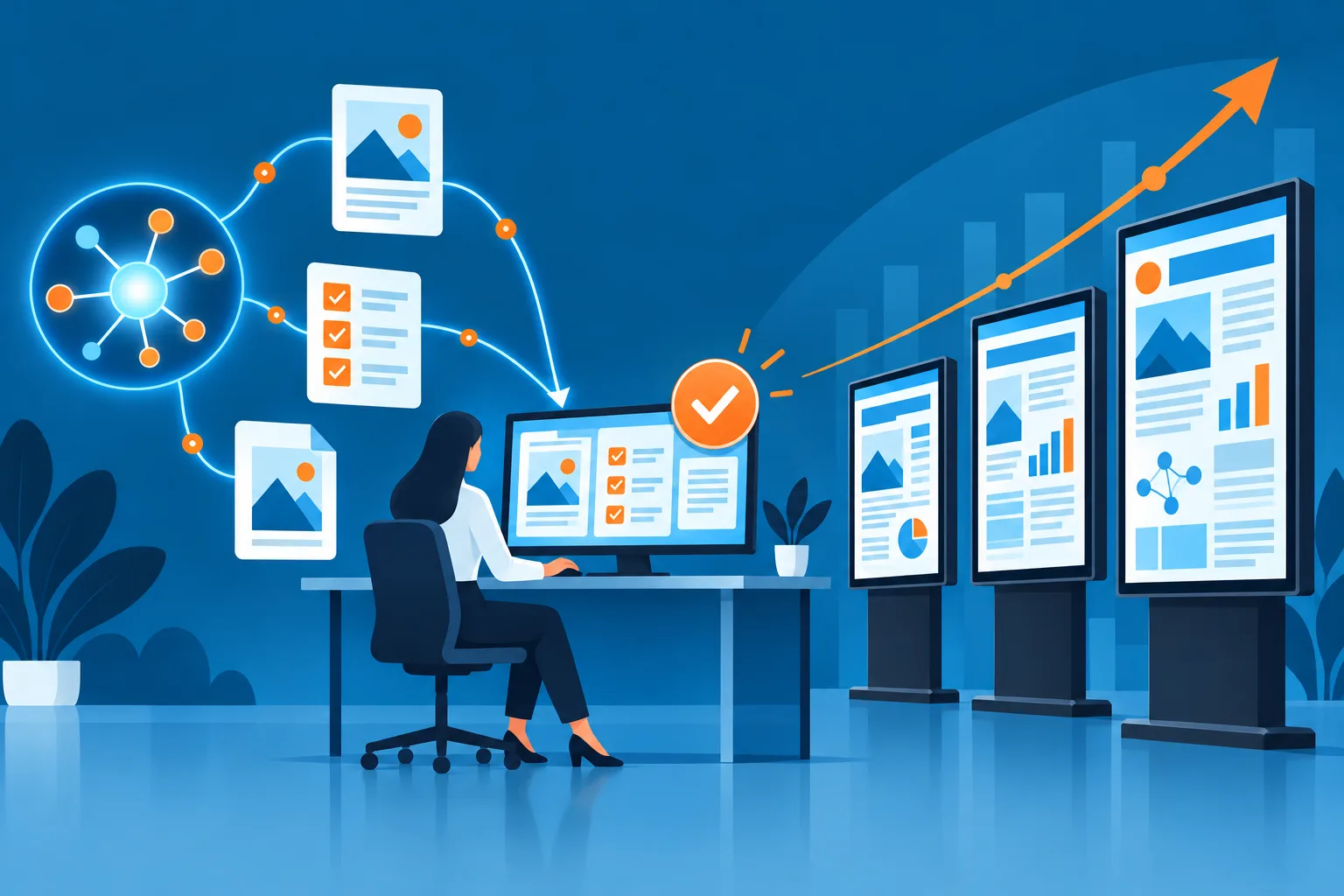 Illustration of AI agents sending files to a staff member who reviews and approves them before they appear on ePoster displays