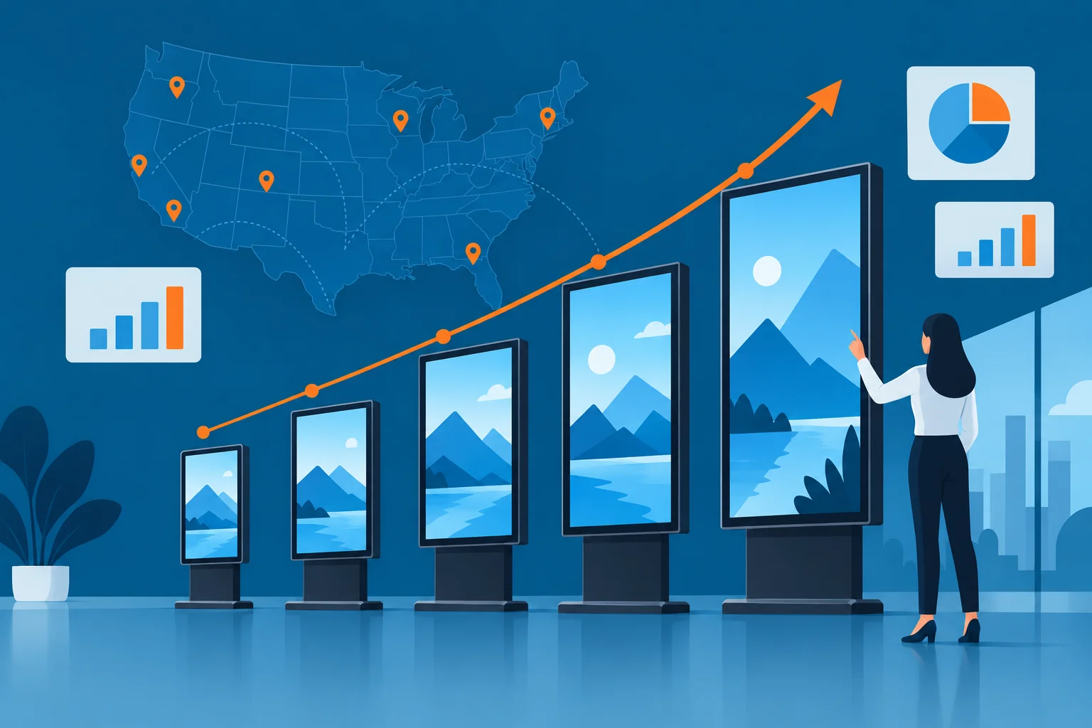 Illustration of ePoster displays rising like a growth chart in front of a map of the United States