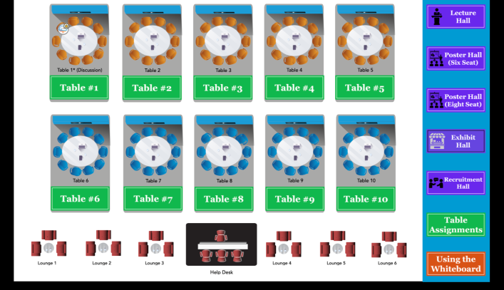 Virtual breakout room floor plan with tables and a help desk