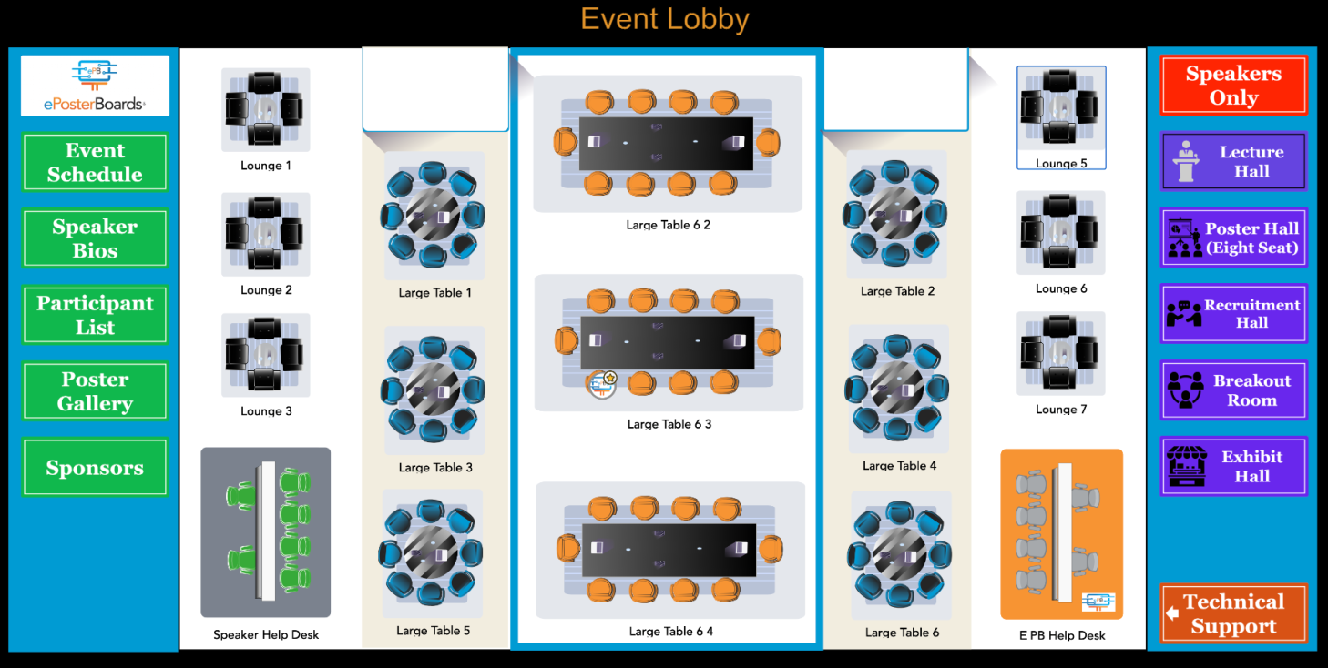 Virtual event lobby map with navigation areas and tables