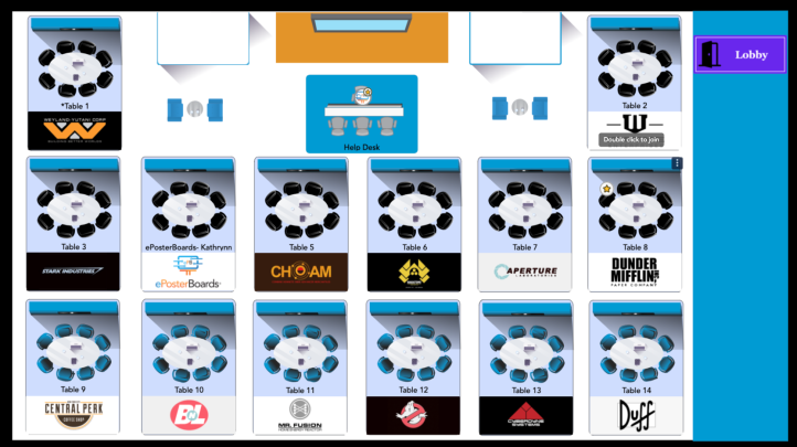 Virtual exhibit hall map with branded tables and help desk