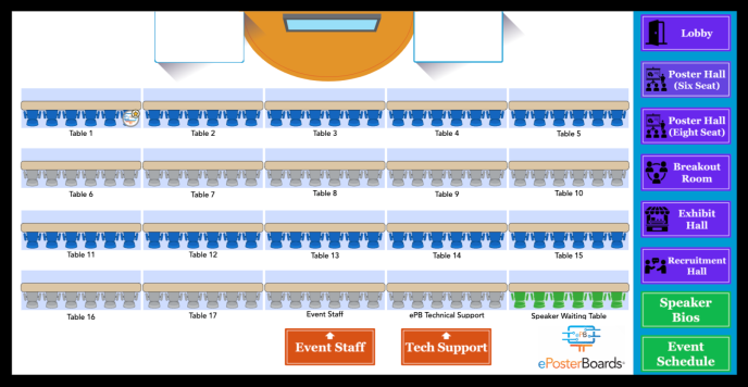 Virtual lecture hall floor map with stage and tables