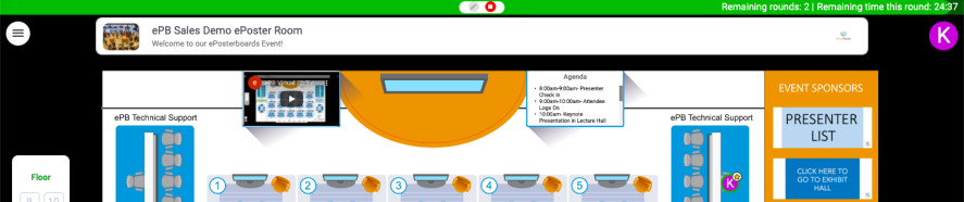 Virtual event lobby interface with floor plan, navigation buttons, agenda, and presenter check-in