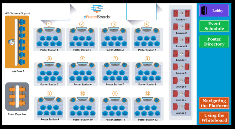 Virtual ePoster hall map with poster stations and help desk