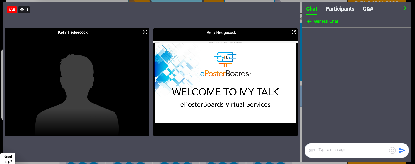 Virtual lecture interface with speaker video, presentation, chat, participants, and Q&A