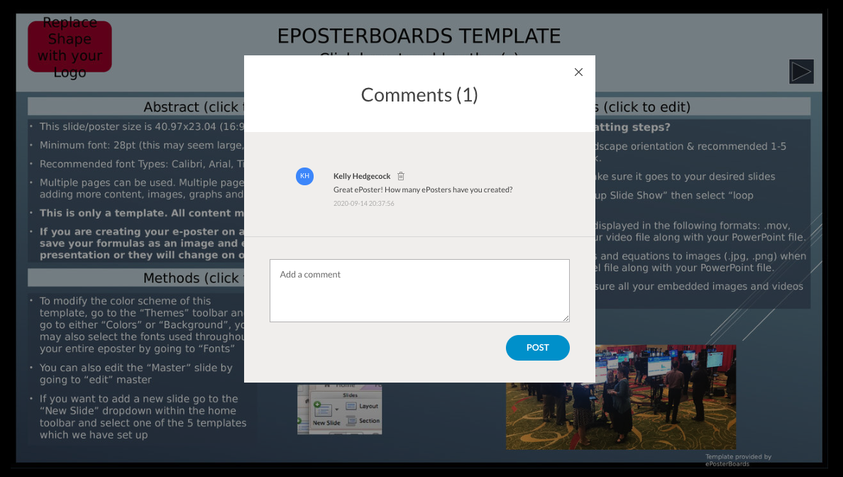 Comments feature displayed over an ePoster template