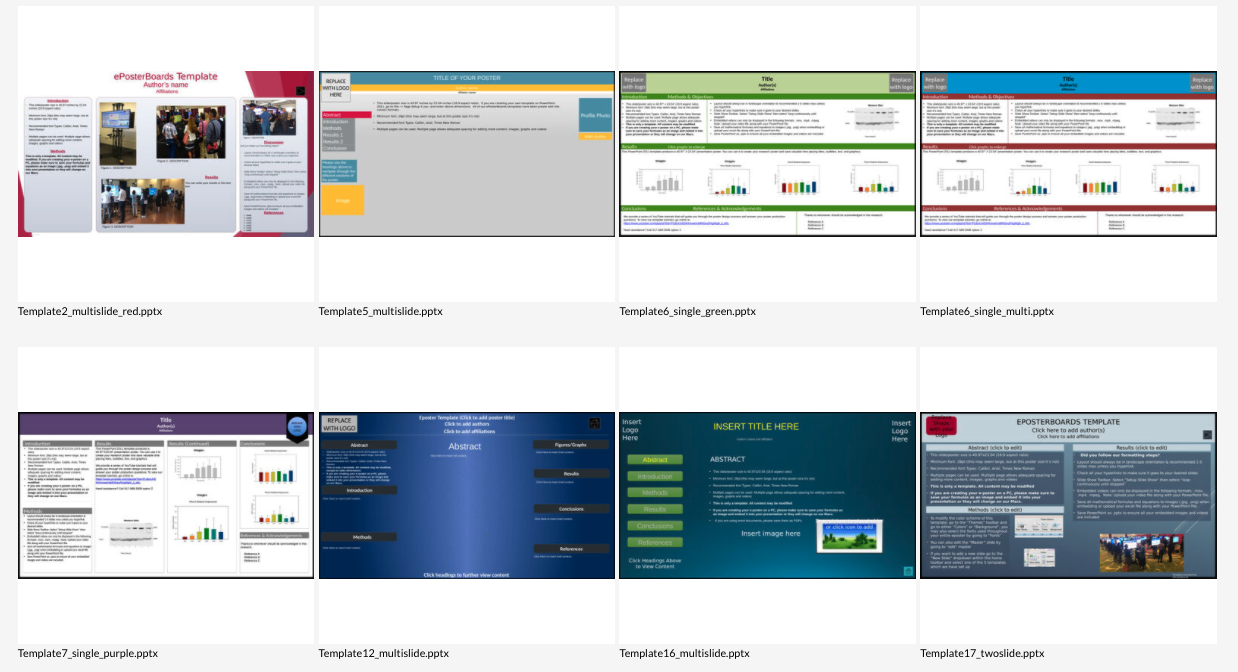 Grid of ePoster template files in an ePosterBoards gallery