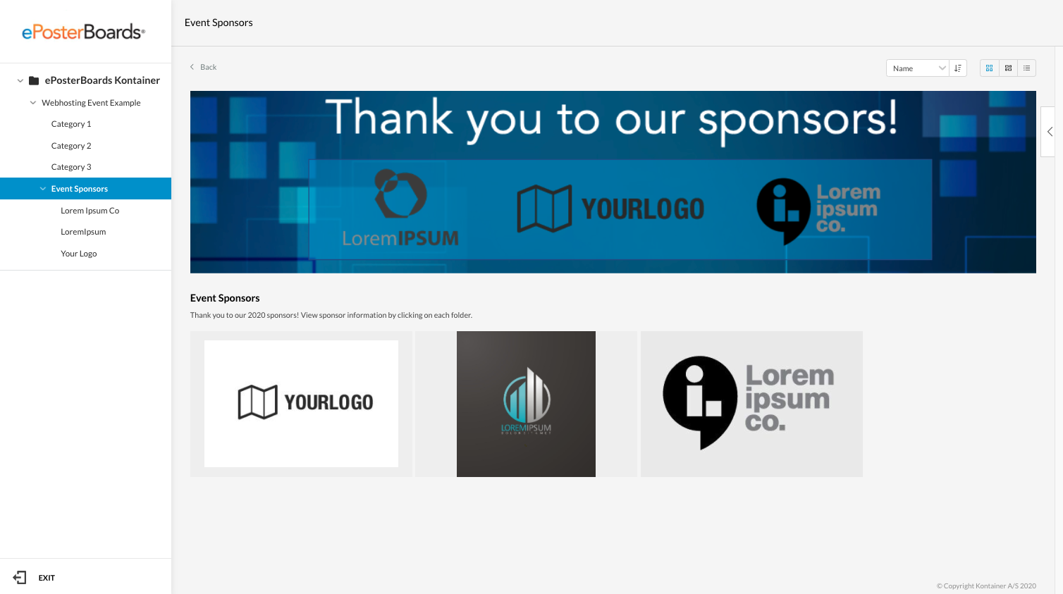 Event sponsors category in an ePosterBoards webhosting site