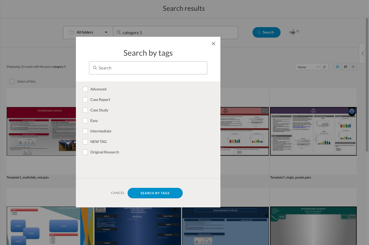 Search by tags dialog in an ePosterBoards webhosting site